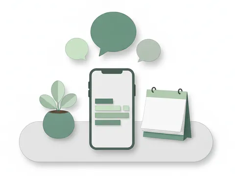 Illustration: a phone on a desk with three speech bubbles rising from its screen